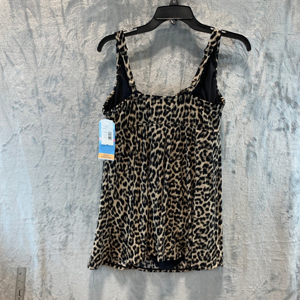 Swim Solutions Women Leopard Print Square Neck Swimdress Black Tan Size 10 16687 - Picture 2 of 9